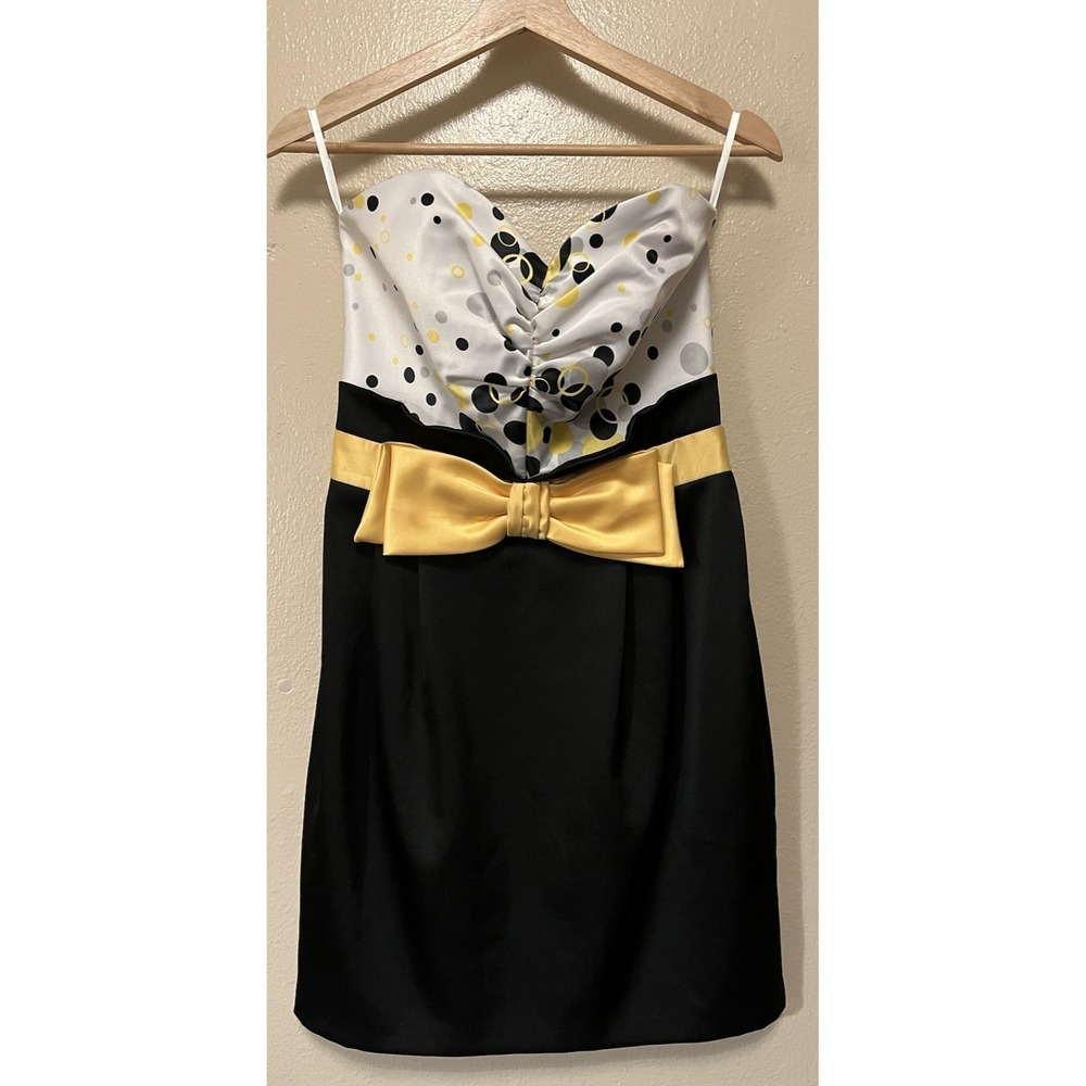 Vtg Jessica McClintock Gunne Sax Polka Dot Bow Yellow Black Mini Dress Prom Sz 9